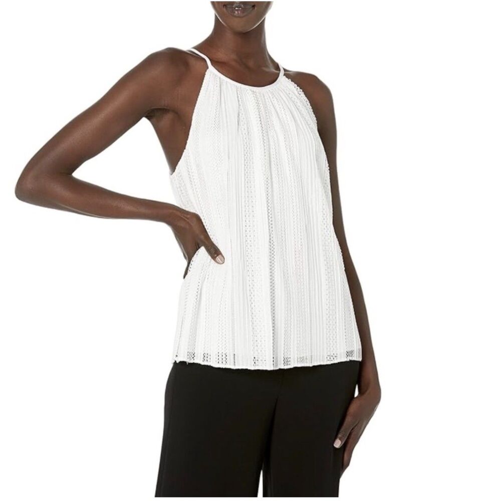Theory Pleated Mod Lace Halter Cami Top White Tank Sleeveless Shirt NWT S